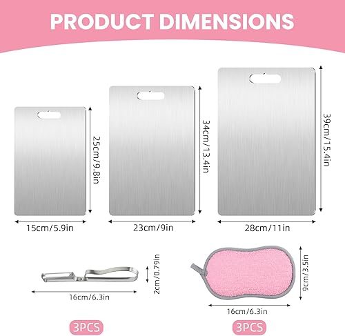 Yamato Lot de 3 planches à découper en titane pour cuisine – Planche à découper double face en acier inoxydable avec éponge de cuisine et éplucheur, ensemble de planches à découper multifonctionnelles - Nail Gallerys