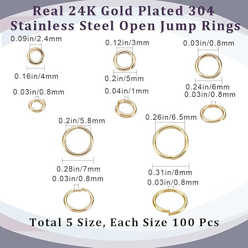 Beebeecraft 1 boîte de 500 anneaux Ouverts de 5 tailles Plaqués Or 24 carats avec Boucle Unique, Petits Cadres Circulaires, Maillons de Porte-Clés, Anneaux de Connecteur pour Bracelet, Collier - Nail Gallerys