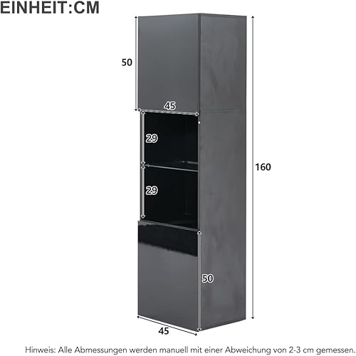 Zepneiy Vitrine Haute Brillance 55×38×166cm, Meuble de Rangement avec éclairage LED, avec 3 Compartiments en Verre, Meuble Vertical, Meuble Haut, Noir - Nail Gallerys