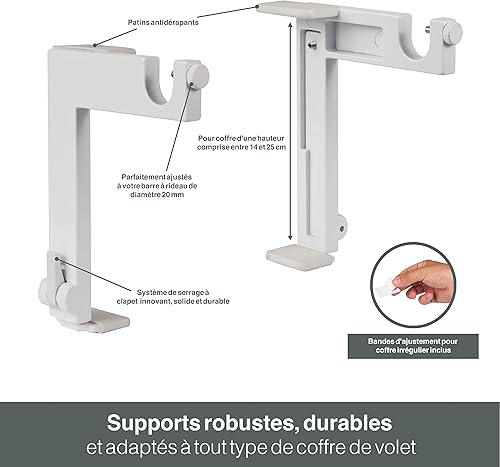 Lot de 2 Supports de Tringle à Rideaux Sans Perçage - sur Coffre de Volet Roulant de 14-25cm de Hauteur - Pour Tringle de Diamètre 20 mm - Marque Française - Bandes d'Ajustement Tout Coffre Inclus - Nail Gallerys
