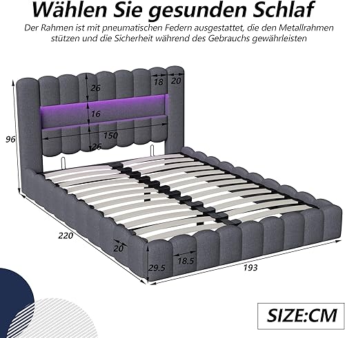 POTRUWE Bubble Bed Lit double rembourré, 160 x 200 cm, avec coffre de lit, LED et prises, coffre de rangement hydraulique, avec sommier à lattes, lit pour adolescent, lit d'adolescent, avec espace de - Nail Gallerys