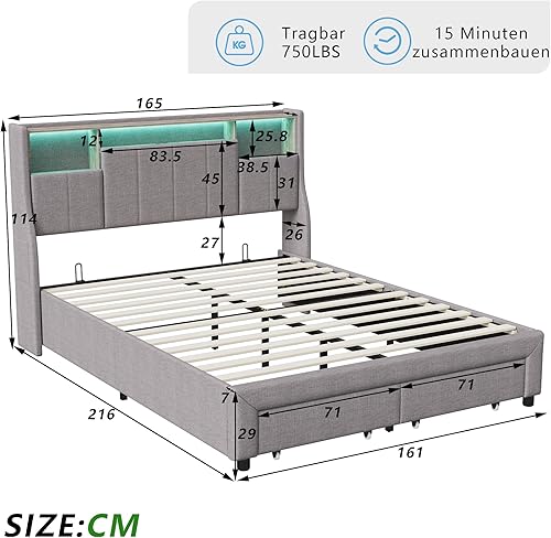 Lit 160x200 avec Sommier LED et USB, Lit Double Rembourré avec 2 Tiroirs, Tete de lit avec Rangement, Design Moderne pour Adultes et Adolescents, Lin,Gris (Gris, 160 x 200 cm) - Nail Gallerys