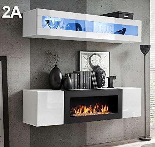 MB Muebles Bonitos, Ensemble de Meubles de Salon Krista 2A avec Cheminée à Bioéthanol, Design Modulaire Moderne, Lumière LED, Couleur Blanc, Longueur 160 cm - Nail Gallerys