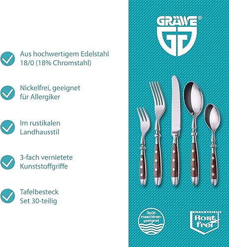 Set de couverts GRÄWE pour 6 personnes en acier inoxydable, lourd, rustique, ensemble de couverts de table 30 pièces, couverts forgés avec poignées marron - Série Nuremberg - Nail Gallerys