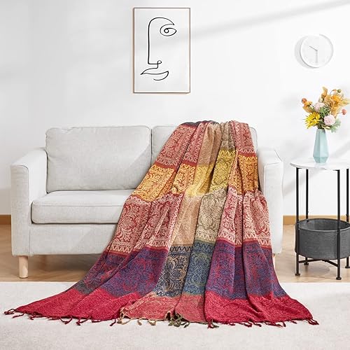 DECMAY Couverture en Chenille Jacquard bohème avec Pompons, jeté pour canapé 2, 3, 4 Places, couvertures Tartan et jetés pour Couvre-Lits, fauteuils, Meubles, jeté de lit (Jaune Bleu, 220 x 260 cm) - Nail Gallerys