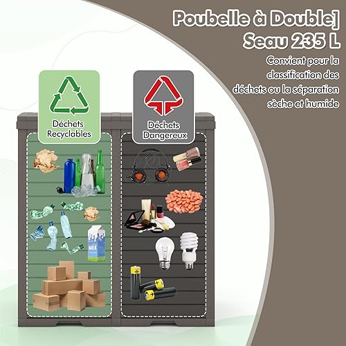 COSTWAY Poubelle Exterieur 235L, Poubelle de Jardin avec Couvercle et 2 Plateaux Extractiblex, Cerclage, Poubelle Tri Selectif 2 x 118L Étanche pour Porche, Arrière-Cour, Terrasse, Patio - Nail Gallerys