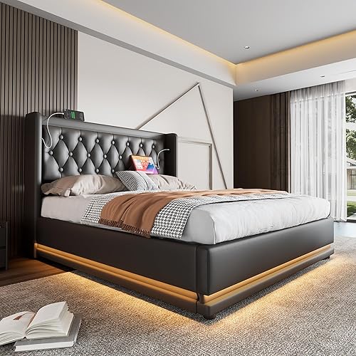 Lit 90x200 avec Sommier LED et USB Type C, Lit Coffre 90x200 avec Rangement et Tete de Lit, Lit Simple avec à Lattes Lit 1 Personnes, Lit Rembourré Cadre de lit 90x200(sans Matelas) - Nail Gallerys