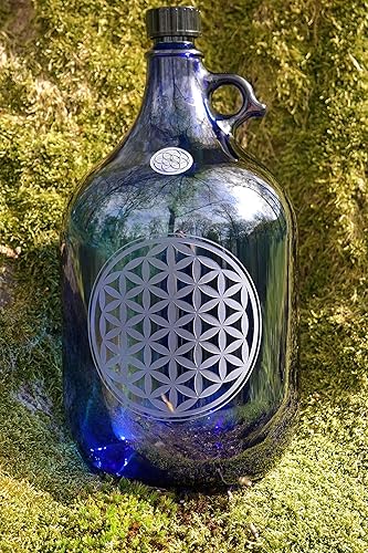Bouteille en verre bleu avec gravure fleur de vie (V.2) - 5 l - Nail Gallerys