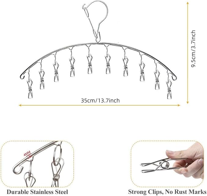 Qualsen Étendoir à Linge à Suspendre Acier Inoxydable,Etendoir Chaussette,Cintre de Chaussette Séchoirs Cintre avec 10 Pinces pour Serviette, sous-vêtement, écharpe - Nail Gallerys