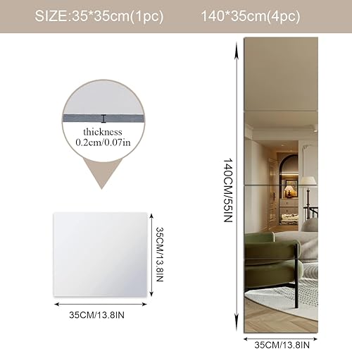 Lot de 4 miroirs autocollants en acrylique pour murs - 35 x 35 cm - HD - Sans verre - Incassables - À fixer au mur - Pour maquillage, entraînement à la maison, salle de sport, couloir - Nail Gallerys