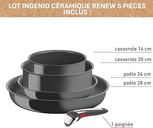 Tefal Ingenio Lot de 5 pièces, Poêles, Casseroles, Poignée amovible, Induction, Revêtement céramique antiadhésif, Eco-conçu, Compatible lave-vaisselle, Fabriqué en France, Renew L26190022 - Nail Gallerys