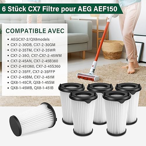 6 Pièces CX7 Filtres pour AEG AEF150, CX7 Filtre de Rechange Compatibles avec Les Aspirateurs à Main à Batterie AEG CX7-2, QX8 Animal, Filtres de Remplacement pour Différents Modèles AEG - Nail Gallerys