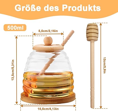 Pot à Miel en Bois avec Couvercle, 500ml Pot de Miel avec Cuillere en Bois, Pot Miel en Verre, Distributeur de Miel en Verre, pour le Miel, la Sauce au Chocolat, le Beurre de Cacahuète et le Ketchup - Nail Gallerys