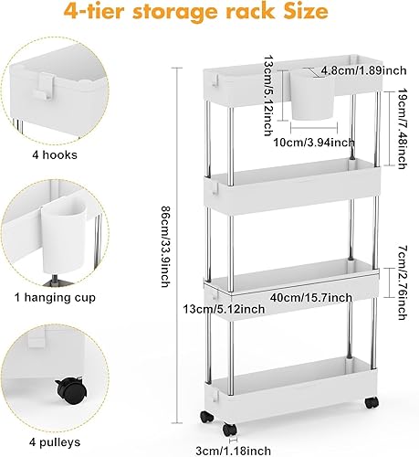 HaodaCulture Chariot de Rangement Mobile sur 4 Niveaux, Chariot de Rangement Slim,Panier en Maille avec Poignées Ergonomiques pour Salon, Salle de Bain, Cuisine, Bureau 40x13x86cm - Nail Gallerys