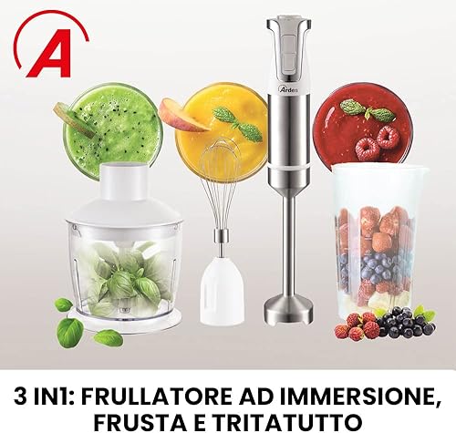 ARDES - ARSET01 TRINITY Mixeur à Immersion 3 en 1 - Hachoir Minipimer à Immersion et Fouet avec Moteur Professionnel - Mixeur de Cuisine avec Tige de 21 m 4 Lames Inox - Mixeur 2 Vitesses - Nail Gallerys