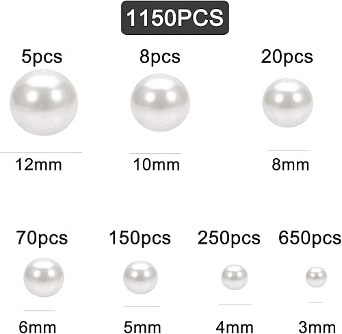 Huahuanghui Perles Blanches Artificielles, 1150 Pièces, 3/4/5/6/8/10/12mm, Rondes, Blanc, Acrylique, Verre, Bijoux, Artisanat - Nail Gallerys