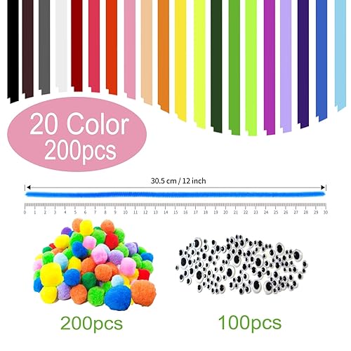 DeJivsin 500 Cure Pipes de 20 couleurs pour Bricoler, avec 200 Fils Chenille, 200 Pompons Multicolores, 100 yeux Mobiles Autocollants pour Projets de Bricolage Créatifs et Décoration de Bricolage - Nail Gallerys