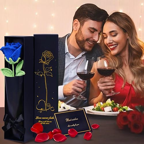 WuikerDuo Handmade Crochet Roses, Crochet Tricoté Rose Coffret Cadeau pour la Décoration de Mariage à la Maison Valentine Cadeau pour Petite Amie Femme Maman - Mère Noël, Saint - Valentin(Bleu) - Nail Gallerys