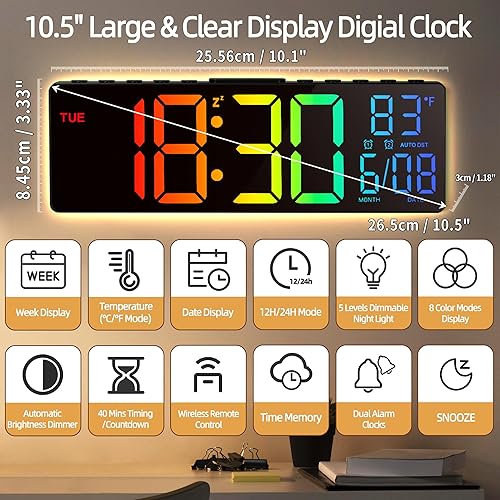 HAITANG Horloge Numérique - Horloge Calendrier Numérique Murale LED De 10,5' avec Affichage De La Température, Date Et Jour, Dimming Automatique De La Luminosité RGB, Veilleuses, pour Bureau, Chambre - Nail Gallerys