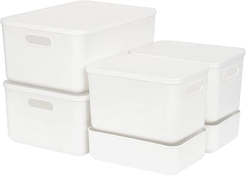 Blanc Panier de rangement en plastique,Lot de 6 paniers de rangement empilables avec poignées pour étagère de cuisine, salle de bain, chambre d'enfant - Nail Gallerys