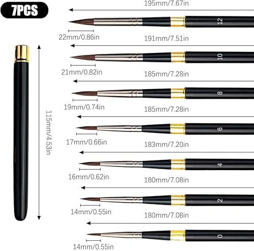 Sxutop Lot de 7 Pinceaux de Voyage Aquarelle Kit Pinceau Aquarelle Pointe Ronde Pinceaux Lavis Voyage Pinceau d'artiste pour Aquarelle, Encres Acryliques, Gouache, Modèles Différents, Noir - Nail Gallerys