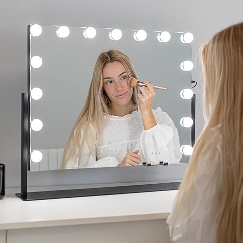 Flamingueo Miroir Coiffeuse - Miroir Hollywood 15 LED, Miroir Maquillage Lumineux 3 Modes, Position Réglable 360º, Chargeur Wireless, Miroir LED, Blanc - Nail Gallerys