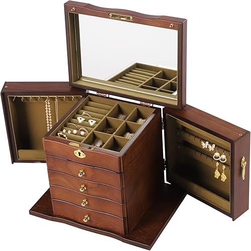 Grande boîte à bijoux en bois verrouillable avec miroir - 5 niveaux - 4 tiroirs - Boîte de rangement pour bracelets, colliers, bagues - Nail Gallerys