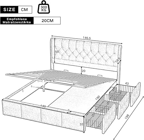 YEHTOKHOME Lit Double Rembourré avec 3 Tiroirs, Hydraulique lit de Rangement Fonctionnel avec Tête Cadre de lit Sommier à Lattes(sans Matelas) (Velours, 140 x 190 cm) - Nail Gallerys