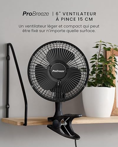 Pro Breeze Mini Ventilateur à Pince - 2 Vitesses, 15 cm - Ventilateur de Table avec Clip, Petit, Portable, Silencieux, Rotation 360° - Pour Maison, Table, Bureau - Noir - Nail Gallerys