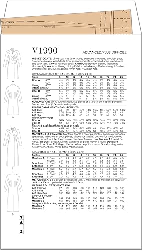 VOGUE PATTERNS V1990Y5 Manteaux pour femme Y5 (46-48-50-52-54) - Nail Gallerys
