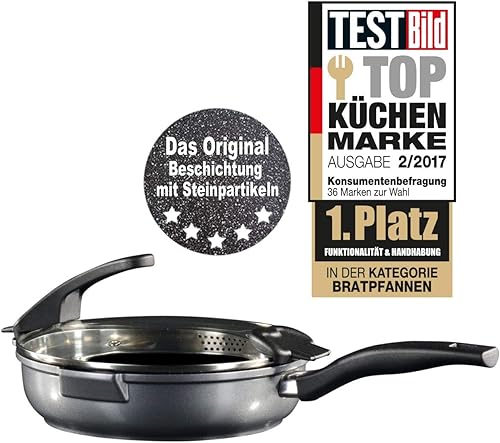 STONELINE Future Grande Sauteuse 28 cm, avec Couvercle Passoire en Acier Inoxydable, Bord avec 2 Becs Verseurs, Revêtement Antiadhésif avec de vraies particules de pierre, Cuire sans Huile ni Graisse - Nail Gallerys