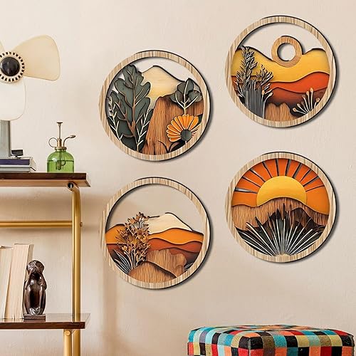 Décorations Murales Art Bohème - Décoration Murale Style Bohème pour Chambre à Coucher,Lot de 4 Cadres Ronds en Bois 20x20 cm avec Motifs Géométriques pour Appartement Entrée Couloir Cheminée - Nail Gallerys