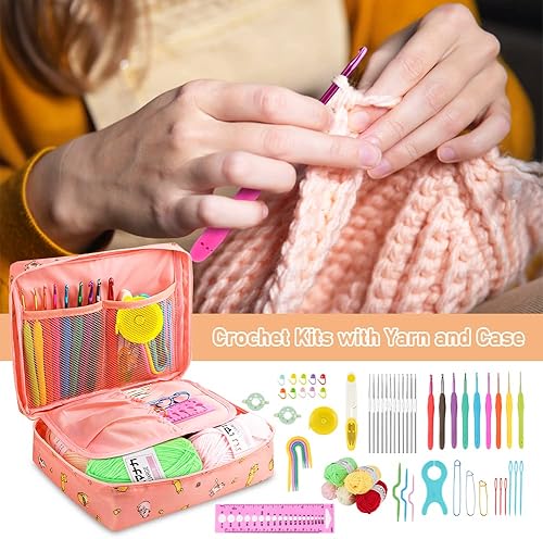 Kits de Crochet Ergonomique pour Adultes Débutants pour le Crochet Comprenant des Aiguille a Tricoter de 0,6 mm à 6,0 mm, Laine, Ciseaux, Sac Rose - Nail Gallerys