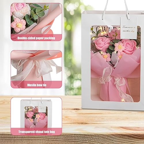 Bouquet de fleurs de crochet avec des roses légères et tricotées artificielles, bouquet en peluche bouquet de fleurs de crochet 11,8x13,8 Bouquet de roses crochet avec nœud papillon pour la fête des - Nail Gallerys