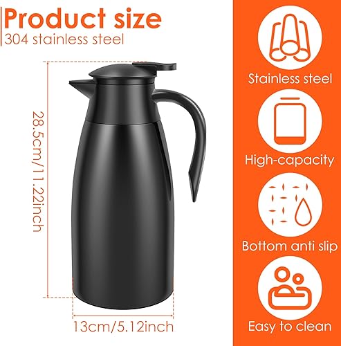 Pichet isotherme en acier inoxydable 304 de 2 l, cafetière thermique, de 20 à 24 heures, capacité, pour café, thé, eau, boisson, pour la maison, le bureau et le camping (noir) - Nail Gallerys