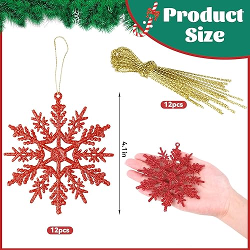 SULOLI 12pcs Pendentif de Noël Flocon de Neige，10cm Décorations à Suspendre avec Flocon de Neige Ornements Sapin de Noël Décorations de Noël (Rouge) - Nail Gallerys