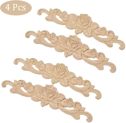 Amasawa 4 Pièces Cadre Bois Sculpté Applique, Rose Bois Sculpté Applique, Meubles Bois Sculpté Applique, Fleur Bois Sculpté Applique, pour Porte Meubles Cabinet Mural Armoire Décor Maison - Nail Gallerys