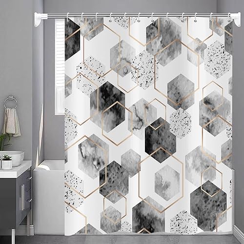 Hnmdmyi Rideau de Douche Gris 180x200, Abstrait Géométrique Moderne Motif Grille Minimaliste Rideau de Baignoire Etanche Tissu Polyester Lavable Rideau de Bain avec Crochets - Nail Gallerys