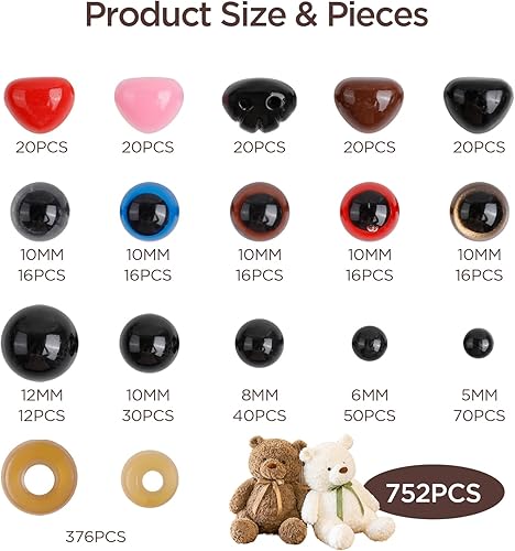 Romon Yeux de Securite Amigurumi, 752 Pièces Yeux et Nez de Sécurité avec Rondelles Yeux Amigurumi Crochet, 5-12mm Yeux Peluche Oeil Plastique Safety Eyes Crochet Yeux pour DIY Poupée Marionnettes - Nail Gallerys