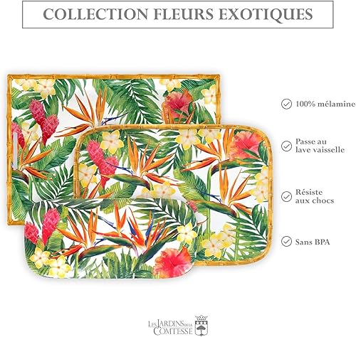 Les Jardins de la Comtesse - Grand Plateau Rectangulaire en Mélamine - Fleurs Exotiques - 50 cm – Rouge Vert - Grand Plateau de Service Collection Vaisselle Quasi-Incassable MelARTmine - Nail Gallerys