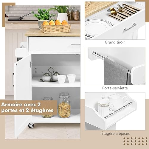 GIANTEX Desserte à roulettes Cuisine 85 CM, Chariot de Cuisine en Bois avec Placard Étagère sur 3 Niveaux et Support à Épice, îlot Central Cuisine avec Grand Tiroir et Planche - Nail Gallerys
