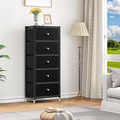 YITAHOME Commode à tiroirs en Tissu avec Dessus en Bois et Grand Espace de Rangement, Commode à 5 tiroirs, Commodes en Cuir, Chambre à Coucher, Salon, Chambre d'enfant, Couloir, etc (Noir) - Nail Gallerys