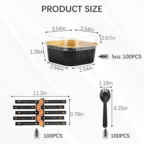 RETON Lot de 100 mini moules à gâteau carrés avec couvercles, 141,7 g en feuille d'aluminium pour cupcakes, petites boîtes à gâteau avec autocollants et fourchettes, mini moules à gâteau pour fête, - Nail Gallerys