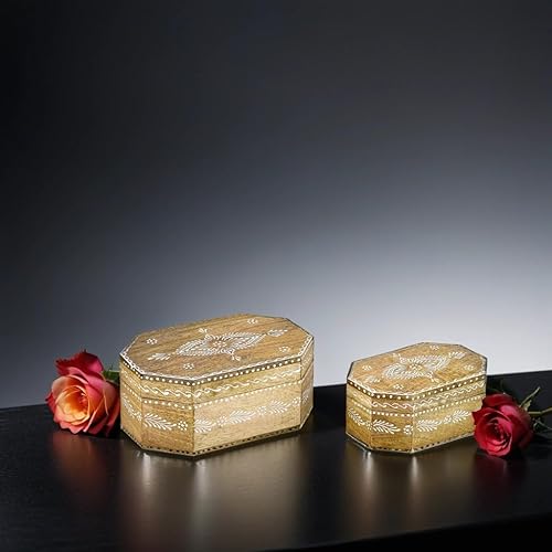 Marrakech - Lot de 2 boîtes de rangement avec couvercle en bois - 20 et 15 cm - Décoration bohème Hajdar - 1 pour le rangement de bijoux - Boîte en bois massif idéale comme boîte cadeau pour les - Nail Gallerys