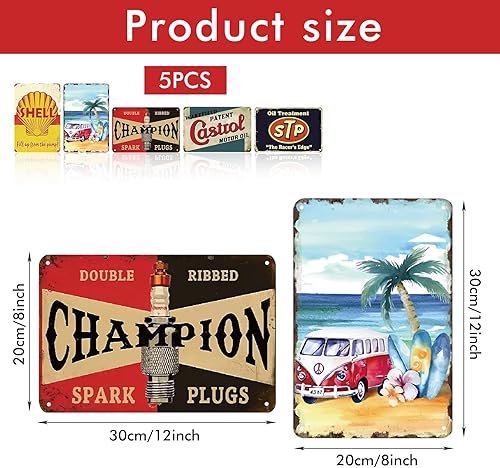 LEKEFETO Lot de 5 plaques en tôle décoratives rétro - 20 x 30 cm - Vintage - Décoration vintage - Plaque en tôle rétro - Pour atelier, garage, bar et salon - Nail Gallerys