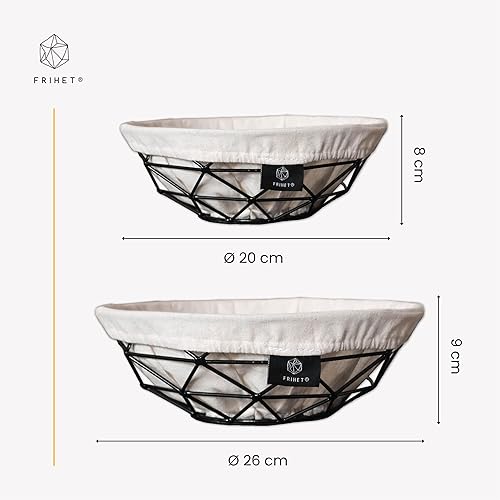 FRIHET Lot de 2 corbeilles à pain modernes 2 en 1 - Corbeille à fruits - Métal - Insert lavable en 100 % coton - Rondes - Noir - Panier de rangement - Taille 1 : diamètre 20 cm x hauteur 8 cm - Taille - Nail Gallerys