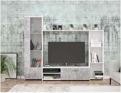 PILVI Meuble TV - Blanc mat et béton gris clair - L 220,4 x P41,3 x H177,5 cm - Nail Gallerys