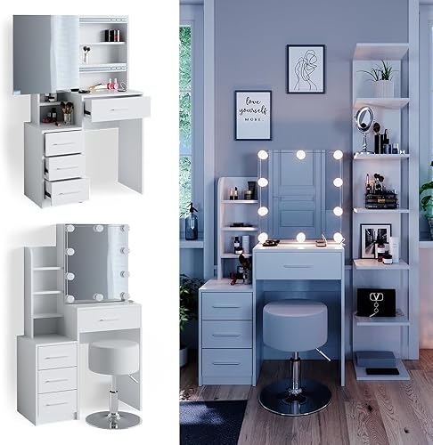 Vicco Coiffeuse Conrada, Blanc, 80 cm avec éclairage LED et Tabouret - Nail Gallerys