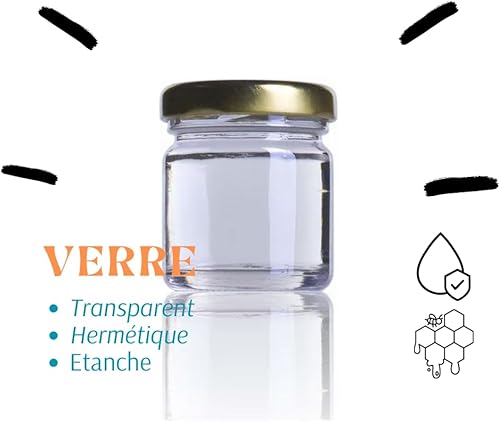 Aucomptoirdesflacons 60 x Mini bocaux en verre 40ml avec couvercle (Or/Argent/Blanc/Noir) + 1 spatule-cuillère en inox (Miel, confiture, pâté, marmelade, bonbons..) - Made in France (Argent) - Nail Gallerys