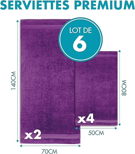 Twinzen Lot de 6 Serviette de Bain (Violet), 100% Coton - 4 Serviettes de Toilette (50 x 80 cm) et 2 draps de Bain (140 x 70 cm) - certifié Oeko TEX - Douces et Absorbantes - Nail Gallerys